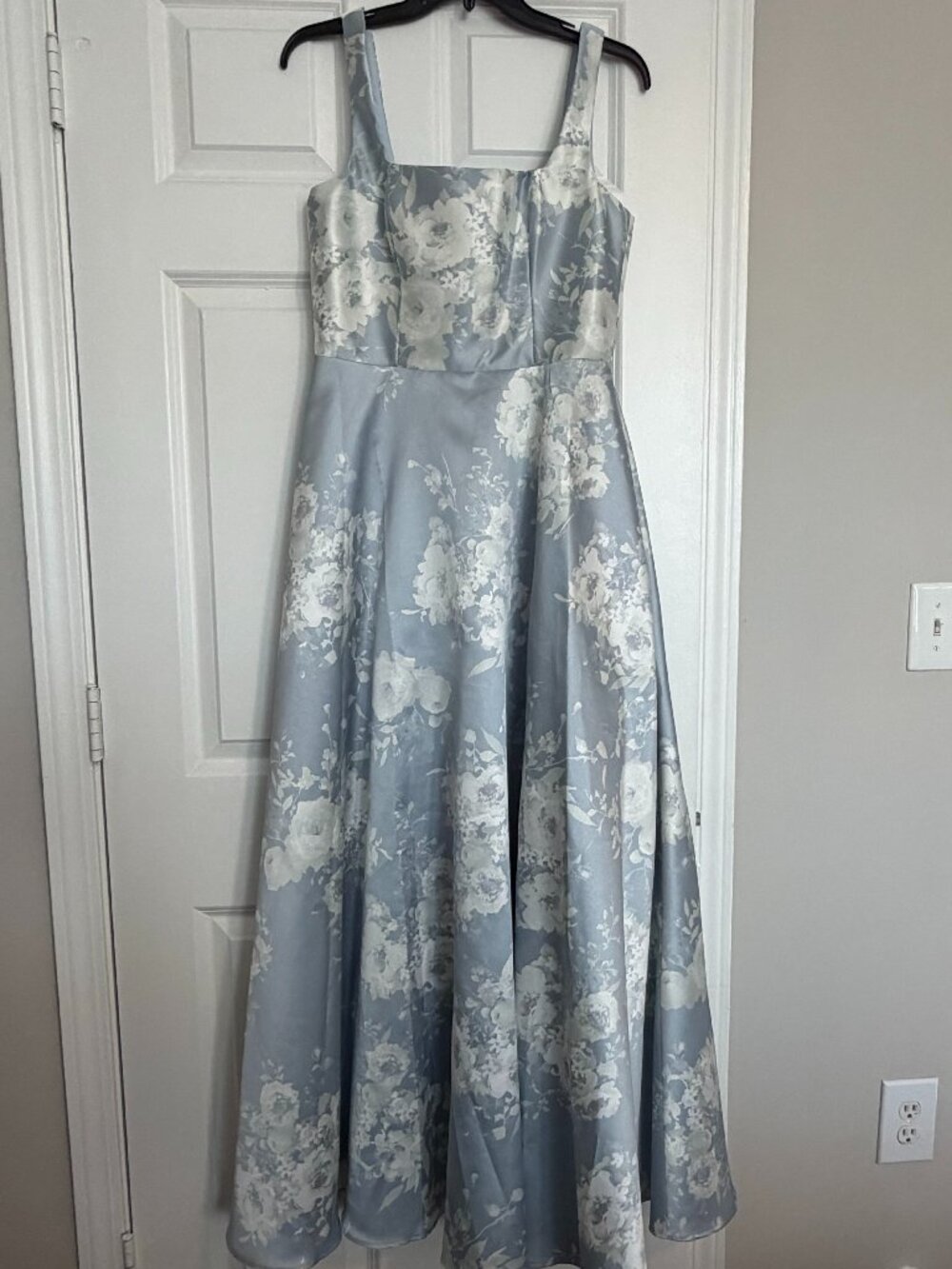 Dessy Floral Square-Neck Satin Maxi Dress with Full Skirt - Blue - Size 8